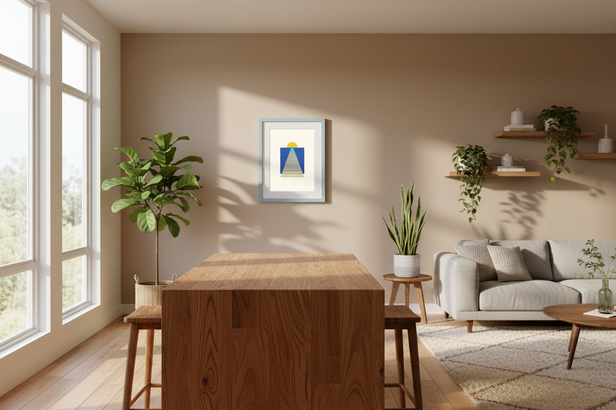 Modern Art in a warm room with natural light.