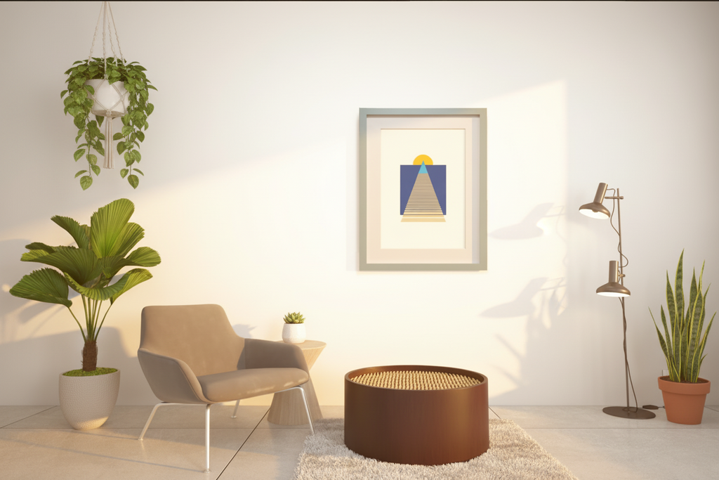 Framed abstract art piece titled; "Oeuvre" on a wall with a chair, plant, and lamp in a room.